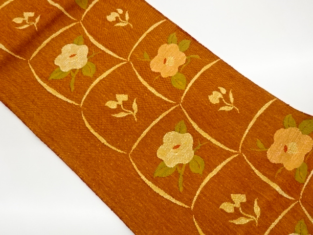 JAPANESE NAGOYA OBI / MAWATA TSUMUGI / WOVEN CAMELLIA